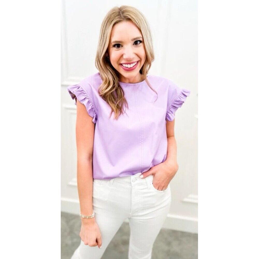 THML Cleo Lavender Vegan Faux Leather Flutter Short Sleeve Blouse Size XS - Picture 2 of 12